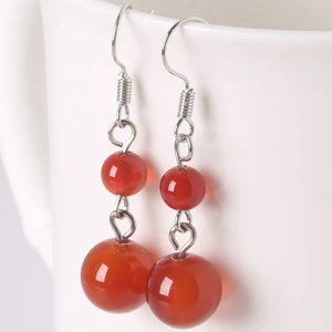 Red Agate Natural Stone Gemstone Round Beaded Healing Dangle Earrings